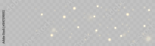 Golden yellow dust particles drift through bokeh, blur with sparkle, glitter, shimmer, warm glow, filled with twinkle, sparks, luminous highlights for Christmas and New Year. PNG vector illustration. 