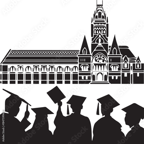 Silhouette of University Graduates with Historic Campus Building Background