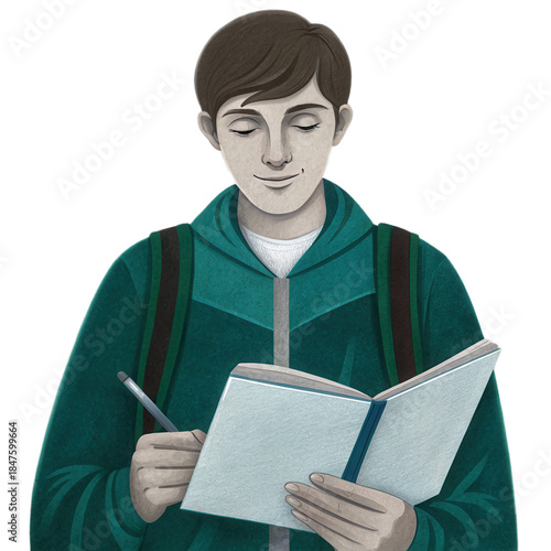 Young student with thoughtful expression writes in notebook, showcasing creativity and focus against transparent background