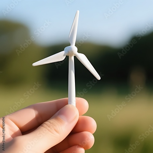 A human hand holding a miniature wind turbine between thumb and index finger, with a blurred natural background in daylight.
