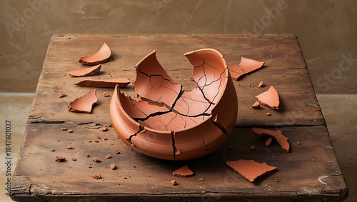 Rustic wooden table with a shattered terracotta clay pot and its broken pieces.