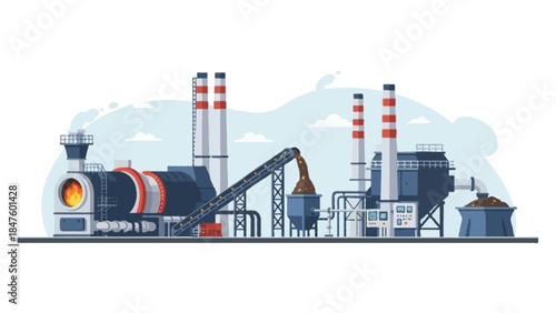 A detailed flat-style illustration of an industrial waste incinerator facility with furnace units, exhaust stacks, conveyor-fed waste input, and control systems
