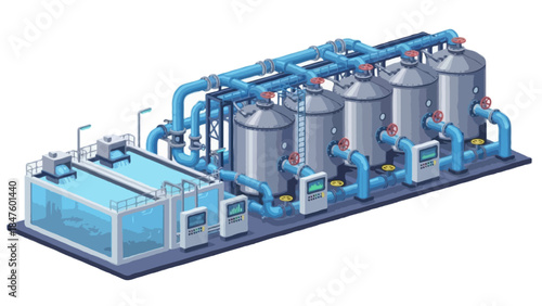 A detailed flat illustration of a water treatment facility with large filtration tanks, sedimentation basins, big industrial pipes, valves, and monitoring panels