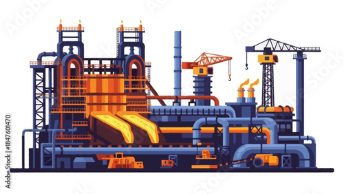A detailed flat illustration of a steel blast furnace facility with tall furnace structures, molten metal channels, industrial pipelines, and heavy machinery