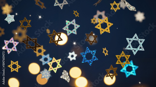 Festive Stars of David confetti falling against a bokeh backdrop, celebrating Purim
