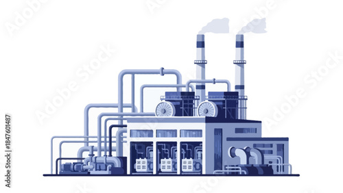 A detailed flat-style illustration of a gas power plant (PLTG) with gas turbines, generator units, exhaust stacks, compact turbine hall, and pipeline connections
