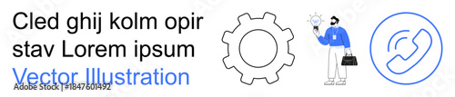Business operations, teamwork, communication, technology, contact solutions, corporate services. Gear icon, professional holding a briefcase phone symbol. Business operations and teamwork focus