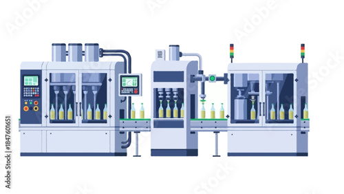 A detailed flat illustration of a beverage bottling line with filling machines, capping units, conveyors carrying bottles, and industrial control panels