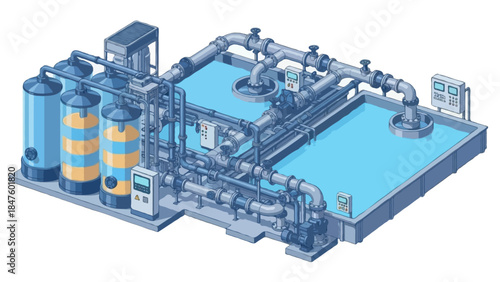 A detailed flat illustration of a water treatment facility with large filtration tanks, sedimentation basins, big industrial pipes, valves, and monitoring panels
