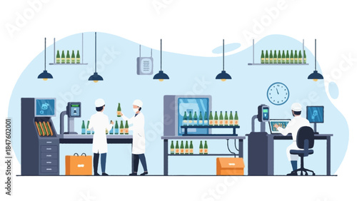 A detailed flat-style illustration of quality control inspection in a food and beverage factory, with technicians checking bottled products, scanners, and testing stations