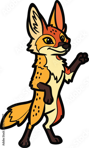 Cartoon fox with orange fur and black spots standing on hind legs with one paw raised Keywords: fox