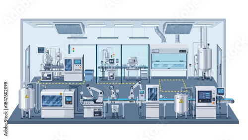 A detailed flat illustration of a pharmaceutical sterile production area with automated processing machines, clean room layout, stainless steel equipment, and controlled environment systems