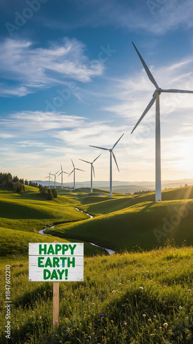 Scenic landscape of wind turbines with a sign promoting Earth Day celebration