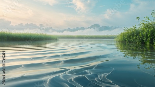 Undulating serene abstract ripples on the calm water of a misty lake at sunrise.
