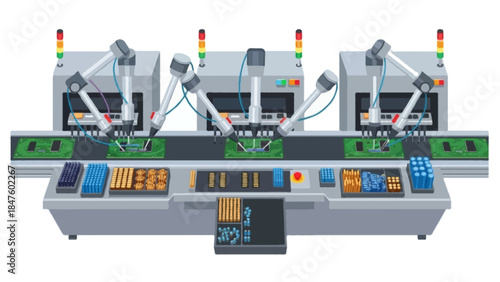 A detailed flat illustration of a PCB assembly line with surface-mount machines, conveyor belts, robotic pick-and-place systems, and electronic components
