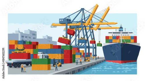 A detailed flat illustration of a container port terminal with container cranes, stacked shipping containers, cargo trucks, and dockside infrastructure