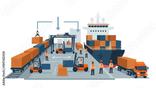A detailed flat illustration of a container port terminal with container cranes, stacked shipping containers, cargo trucks, and dockside infrastructure