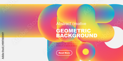 Vibrant abstract shapes overlap, creating colorful geometric background. Text promotes further exploration. Modern design elements present.