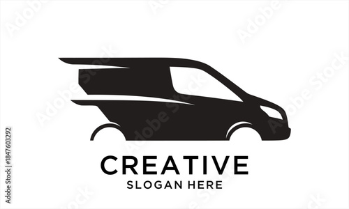 Dynamic black silhouette of a fast moving delivery van logo design.