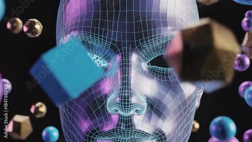 Metallic wireframe head surrounded by floating geometric shapes on a dark background, abstract and futuristic
