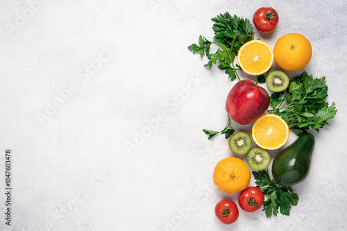 Fresh Healthy Vegetables and Fruits Flat Lay on Light Background, Healthy Eating Concept with Copy Space