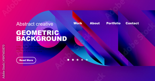 Modern website header design. Geometric shapes, vibrant colors, text elements present. Clean layout, professional aesthetic.