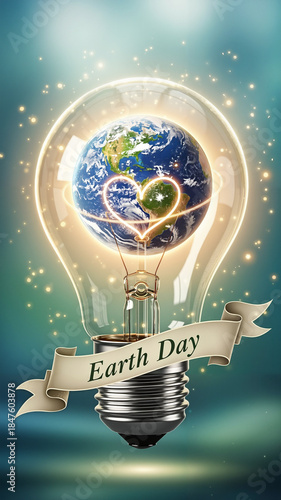 Light bulb containing Earth with a heart overlay, celebrating love for the planet on Earth Day