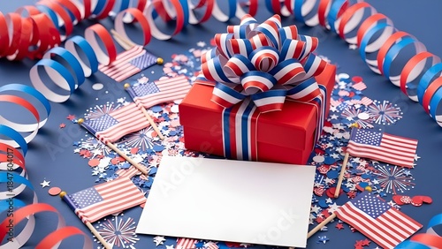 Patriotic celebration gift box with american flags and festive confetti on a blue background
