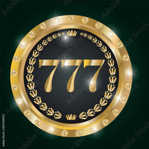  The numbers are 777, a round black token with gold and diamonds on a dark green background. A chip for casinos and card games. 