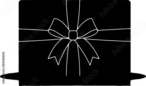 Black gift box with white ribbon and bow, isolated on white background