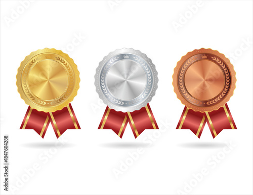 Gold silver and bronze award badges with laurel wreath, crowns and trophies symbols. Golden award winner emblems flat design 