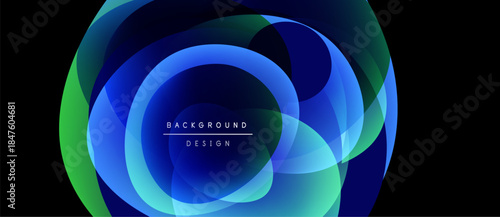 Abstract design features layered circular shapes. Blue, green hues blend creating dynamic visual effect. Text reads background design.