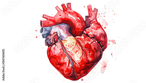 Watercolor heart illustration, detailed anatomical depiction with vibrant reds and organic splatters against a black backdrop