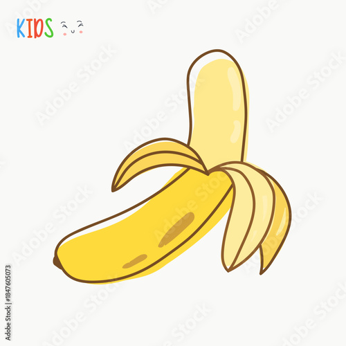 Cute and friendly banana cartoon character in flat vector style for kids and children projects.