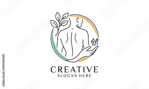 Human back with leaves and hand in a circle line art logo.