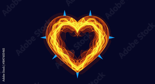 This dynamic illustration features a radiant heart composed of swirling orange and yellow fire, encircled by piercing blue spikes, set against a dark, mysterious background.