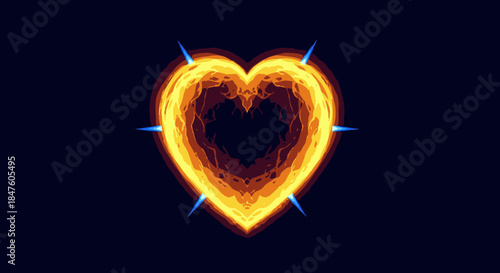 A glowing abstract heart, radiating fiery orange and yellow energy, is accented by blue spikes on a dark background, symbolizing intense passion and complex emotion.