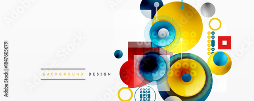 Abstract geometric shapes overlap. Yellow, blue, red circles, squares create modern design. Minimalist style, clean composition.