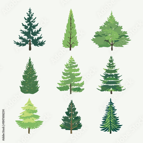 9 Illustrations Silhouettes d'Arbres Sapins, Pins et Conifères pour Paysagiste, Couleur Vert, Dessin Vecteur