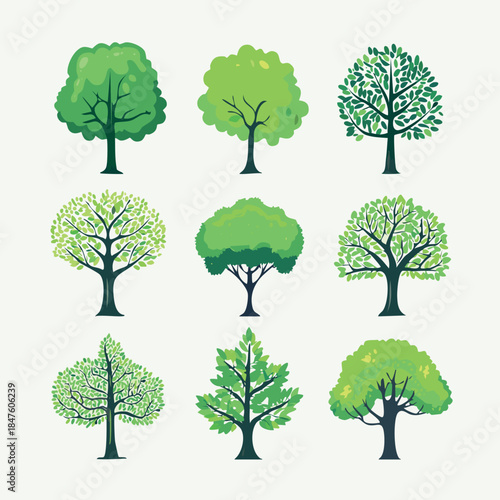 9 Silhouettes d'Arbres Illustration Icônes pour Paysagiste, Couleur Vert, Dessin Vecteur