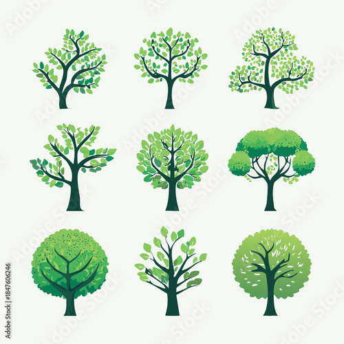 9 Icônes Silhouettes d'Arbres, Illustration pour Paysagiste, Couleur Vert, Dessin Vecteur