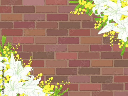 ゆりとミモザの背景②ななめ_赤系レンガ