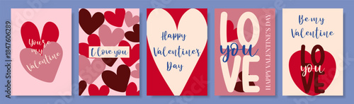 A set of five creative Valentine's Day greeting card designs featuring hearts and love inscriptions. Romantic holiday concept.