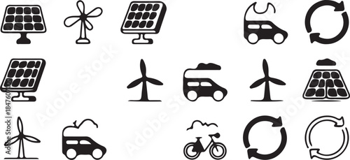 Renewable Energy Line Icons – Solar, Wind & Eco Transport Set.