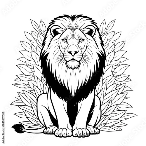 Majestic Lion Surrounded by Leaves coloring books for kids