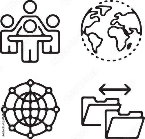 Global Network Line Icons – People, World & Data Symbols.