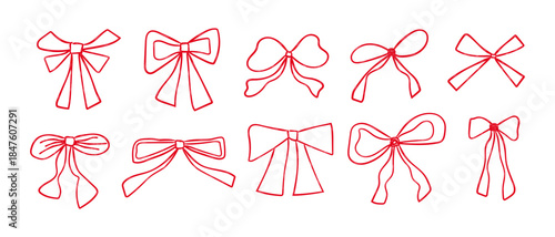 A set of red bows and ribbons for decorating gifts. Hand-drawn festive elements for celebrations, Christmas, birthdays, and Valentine's Day.