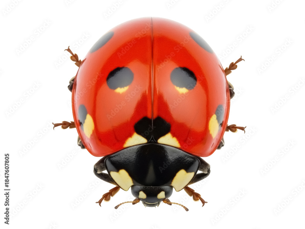 Fototapeta premium Isolated ladybug close-up, a vibrant red beetle with black spots, popular for its colorful wings