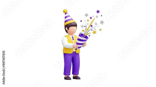 3D Cartoon Character Celebrating with Party Popper