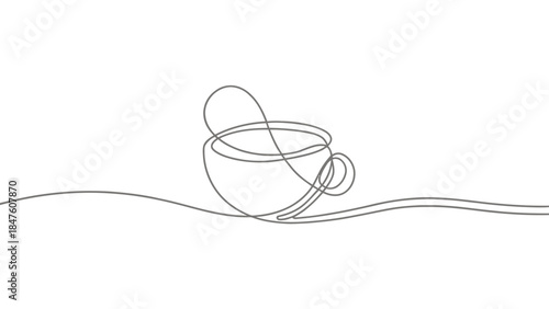 Continuous line art depicting a coffee cup filling with liquid, symbolizing brewing and anticipation. | Editable EPS vectors.